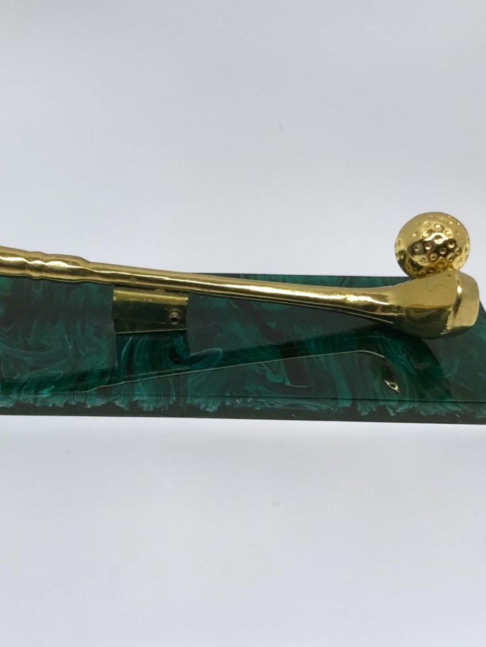 Mid-Century Modern Brass Golf Club and Ball Desk Accessory on Green Resin Base